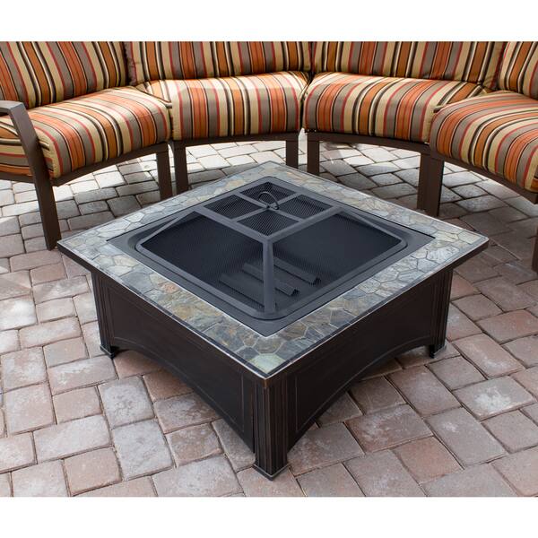 Hiland Black Wood/Steel Burning Fire Pit with Slate Top Bed Bath