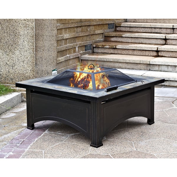 Hiland Black Wood/Steel Burning Fire Pit with Slate Top Bed Bath