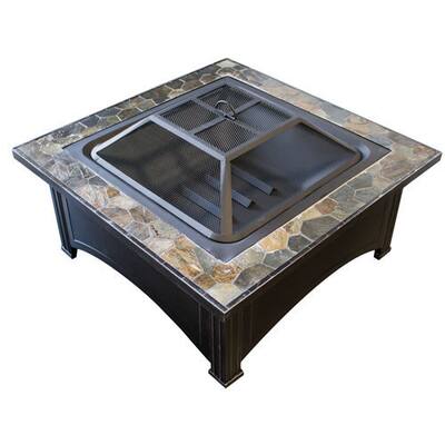Hiland Black Wood/Steel Burning Fire Pit with Slate Top