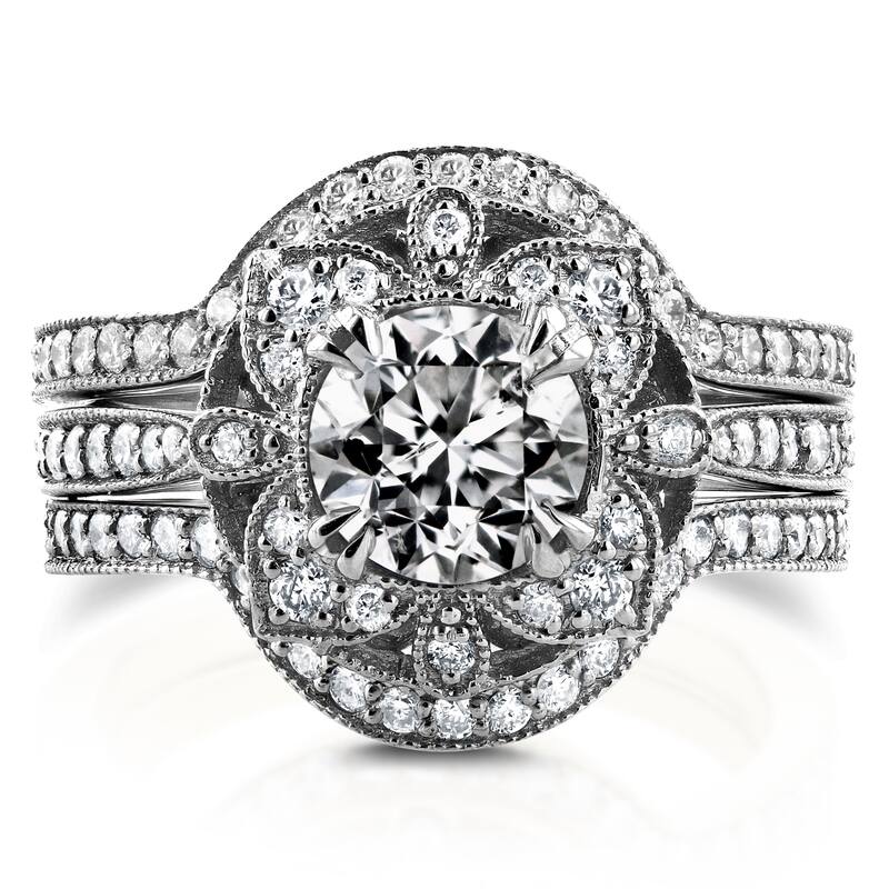 Annello by Kobelli 14k White Gold 1 5/8ct TDW Diamond 3-Piece Floral Antique Bridal Set - 4