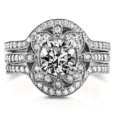 Annello by Kobelli 14k White Gold 1 5/8ct TDW Diamond 3-Piece Floral Antique Bridal Set