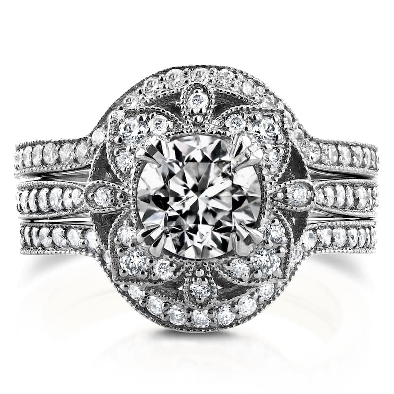Kobelli 1.65 Carats Natural Diamond 14k Solid White Gold Floral Antique Style 3pc Bridal Set - 6