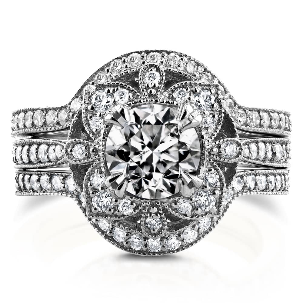 Kobelli 1.65 Carats Natural Diamond 14k Solid White Gold Floral Antique Style 3pc Bridal Set
