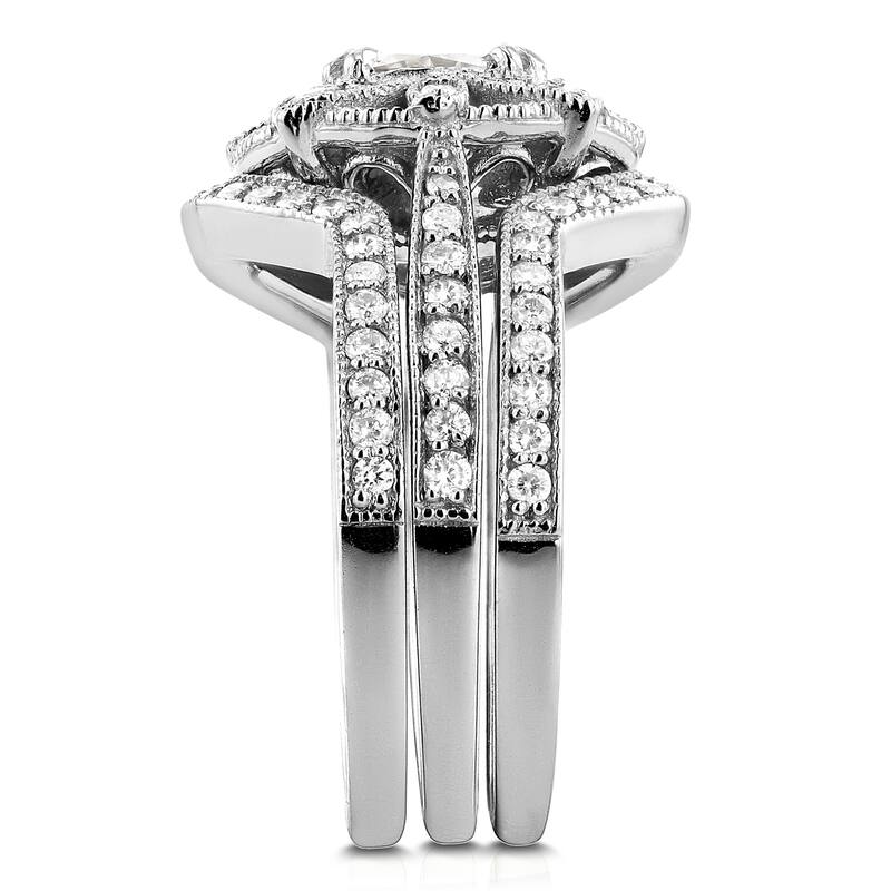 Annello by Kobelli 14k White Gold 1 5/8ct TDW Diamond 3-Piece Floral Antique Bridal Set
