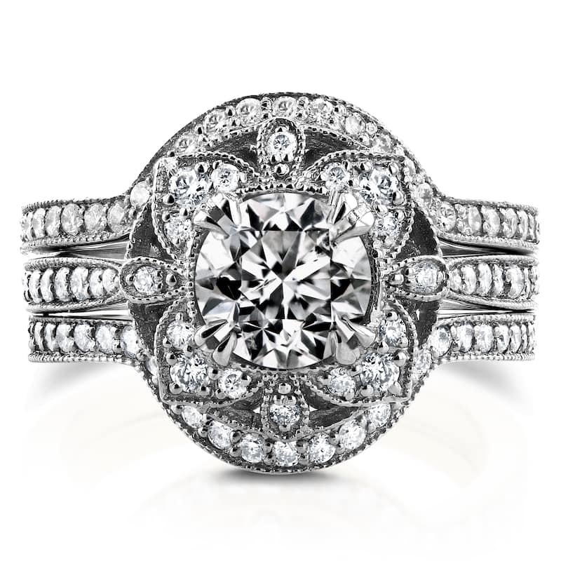 Annello by Kobelli 14k White Gold 1 5/8ct TDW Diamond 3-Piece Floral Antique Bridal Set