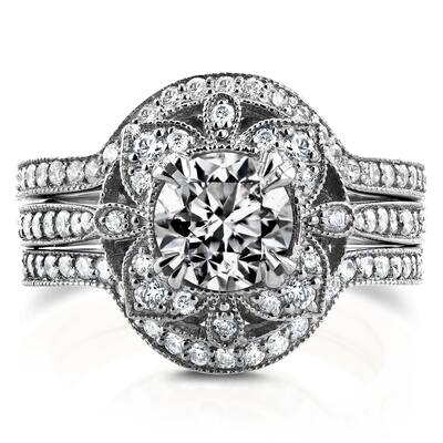 Annello by Kobelli 14k White Gold 1 5/8ct TDW Diamond 3-Piece Floral Antique Bridal Set