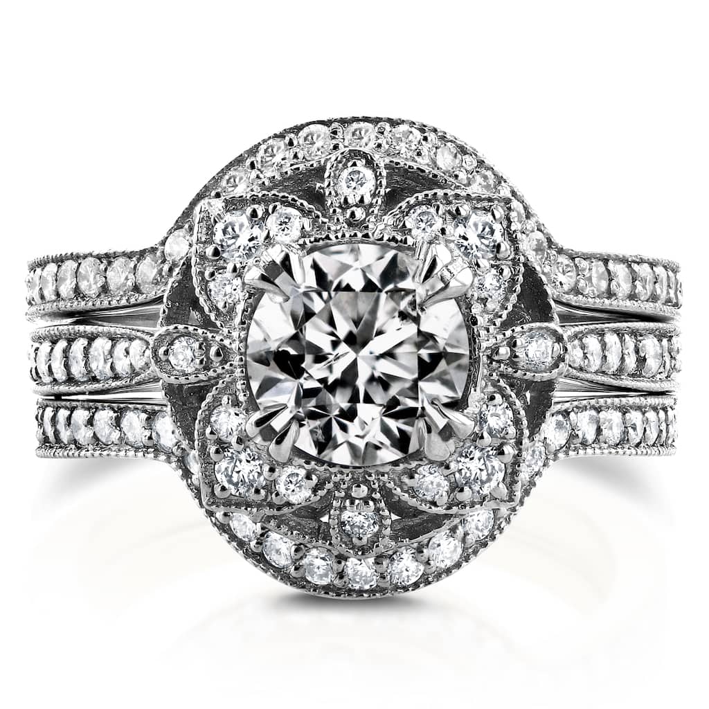Annello by Kobelli 14k White Gold 1 5/8ct TDW Diamond 3-Piece Floral Antique Bridal Set