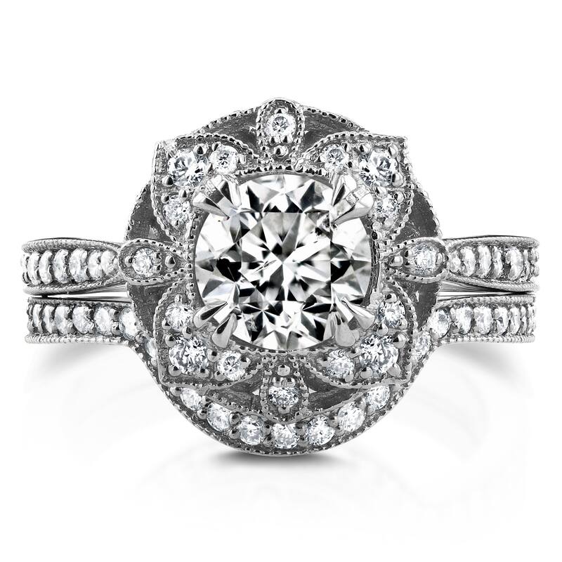 Annello by Kobelli 14k White Gold 1 1/2ct TDW Diamond 2-Piece Floral Antique Bridal Set