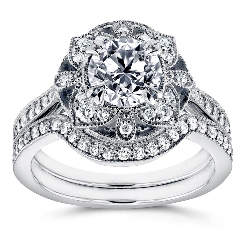 Annello by Kobelli 14k White Gold 1 1/2ct TDW Diamond 2-Piece Floral Antique Bridal Set - 4