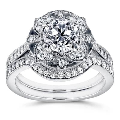 Annello by Kobelli 14k White Gold 1 1/2ct TDW Diamond 2-Piece Floral Antique Bridal Set