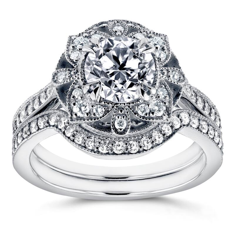 Kobelli 1.5 Carats Natural Diamond Solid 14k White Gold Floral Vintage Style Lotus 2pc Bridal Set - 5.5