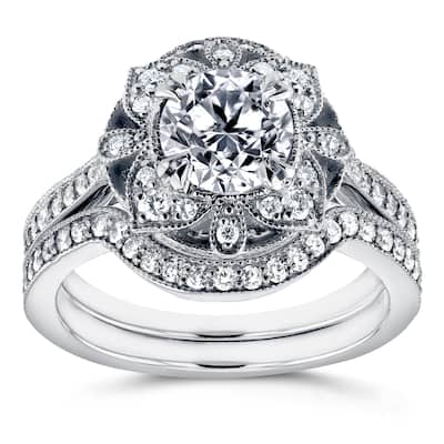 Kobelli 1.5 Carats Natural Diamond Solid 14k White Gold Floral Vintage Style Lotus 2pc Bridal Set