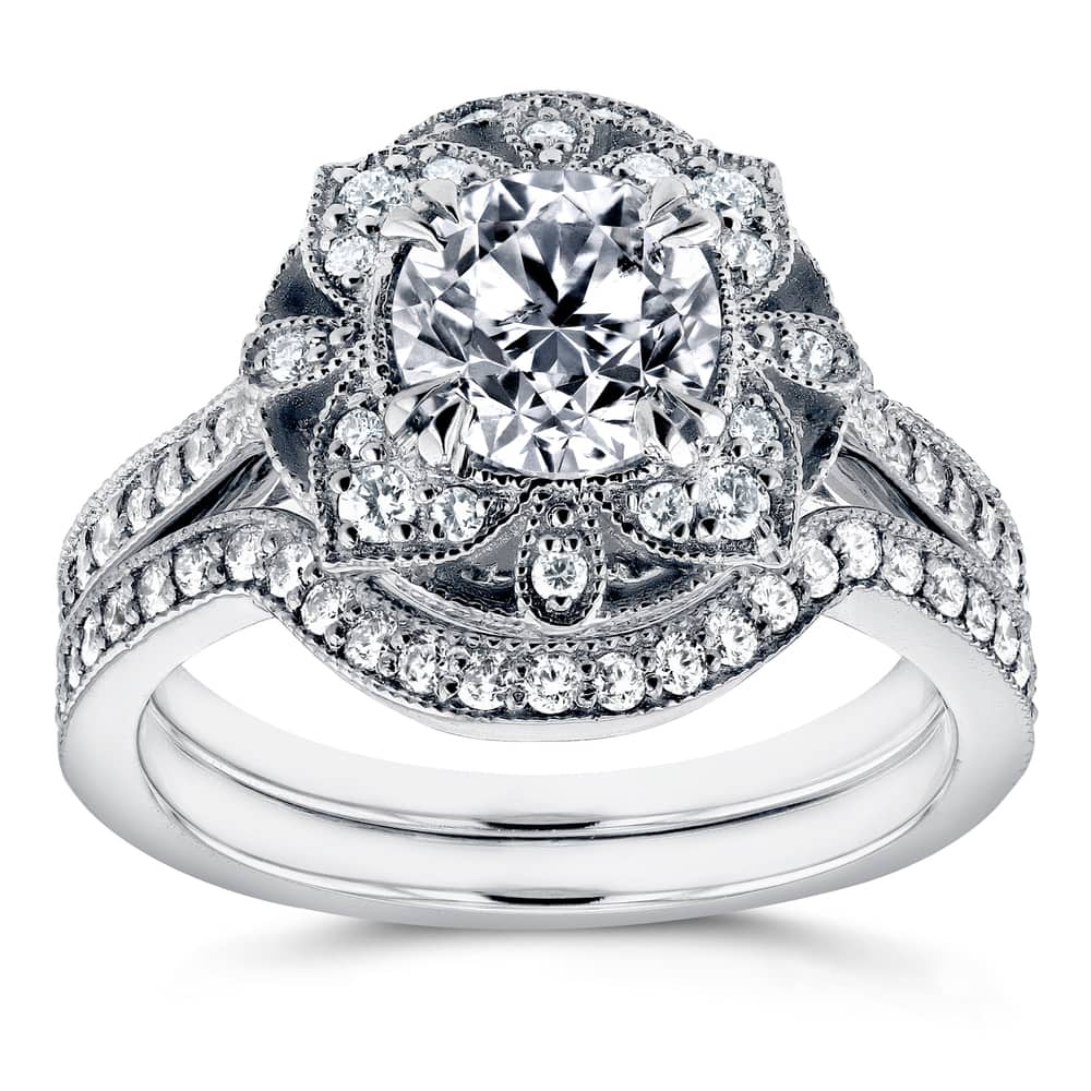 Kobelli 1.5 Carats Natural Diamond Solid 14k White Gold Floral Vintage Style Lotus 2pc Bridal Set