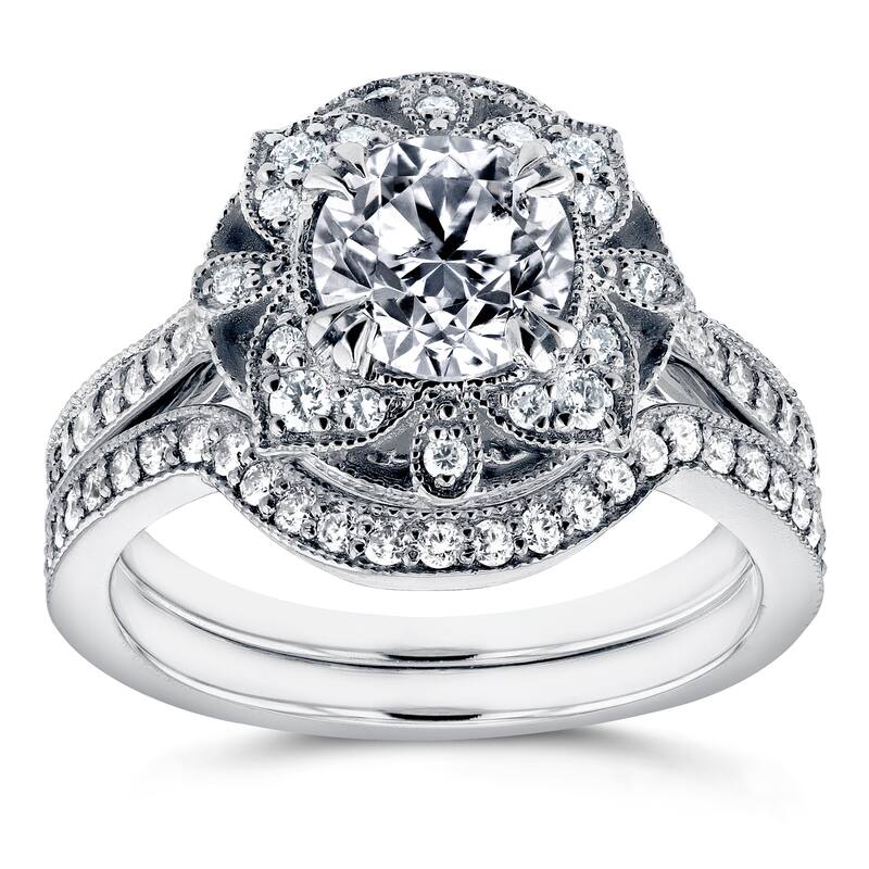 Annello by Kobelli 14k White Gold 1 1/2ct TDW Diamond 2-Piece Floral Antique Bridal Set
