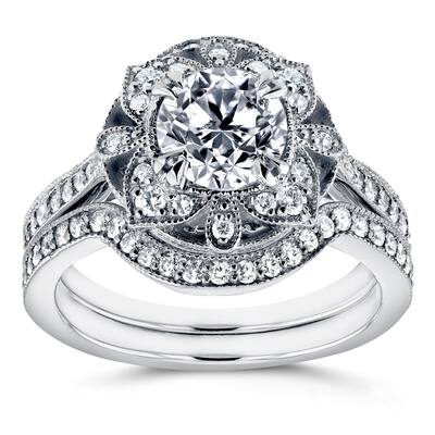 Annello by Kobelli 14k White Gold 1 1/2ct TDW Diamond 2-Piece Floral Antique Bridal Set