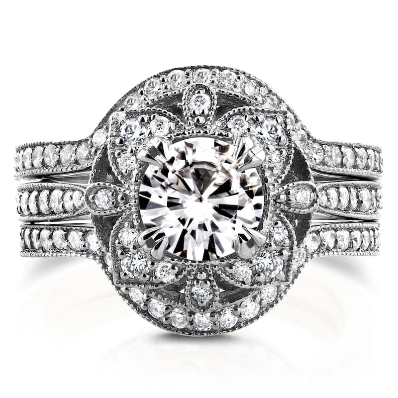 Annello by Kobelli 14k White Gold Round Moissanite and 5/8ct TDW Diamond 3-Piece Floral Antique Brid