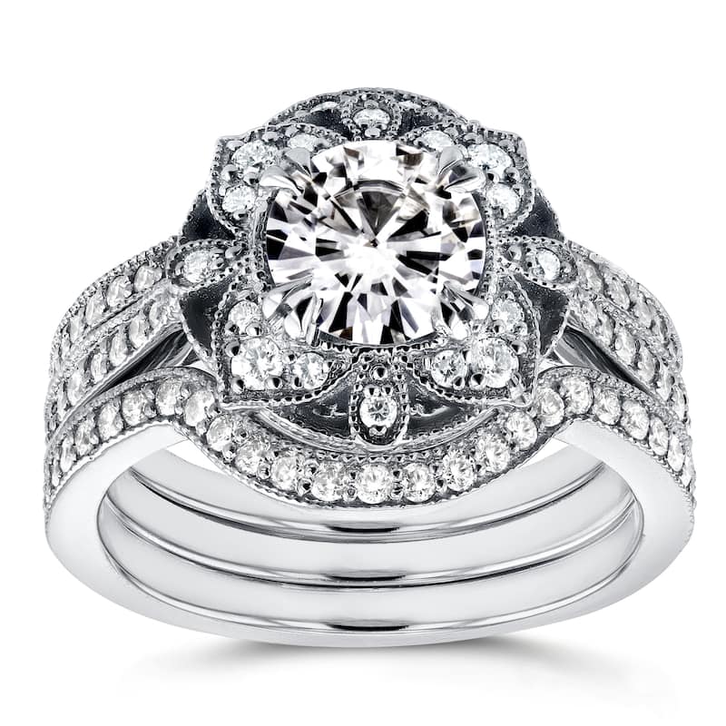 Annello by Kobelli 14k White Gold Round Moissanite and 5/8ct TDW Diamond 3-Piece Floral Antique Brid - 4