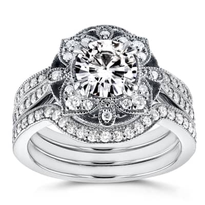 Annello by Kobelli 14k White Gold Round Moissanite and 5/8ct TDW Diamond 3-Piece Floral Antique Brid