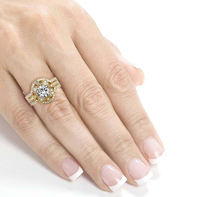 Annello by Kobelli 14k Yellow Gold Round Moissanite and 5/8ct TDW Diamond 3-Piece Floral Antique Bridal Ring Set (3pc)