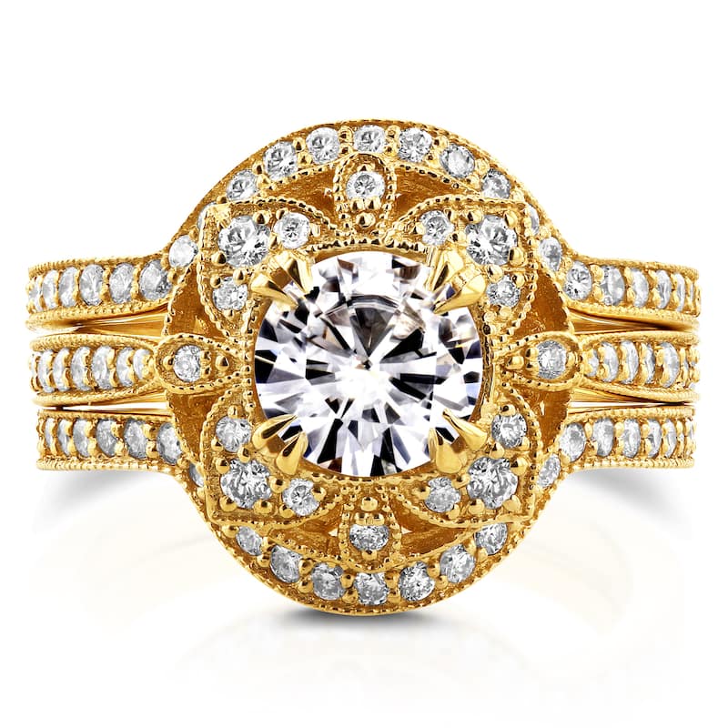 Annello by Kobelli 14k Yellow Gold Round Moissanite and 5/8ct TDW Diamond 3-Piece Floral Antique Bridal Ring Set (3pc) - 4