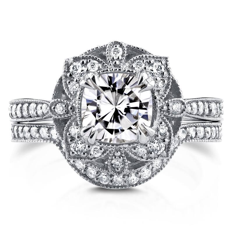 Annello by Kobelli 14k White Gold Cushion Moissanite and 1/2ct TDW Diamond 2-Piece Floral Antique Bridal Set