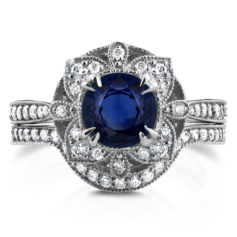 Annello by Kobelli 14k White Gold 1 3/4ct TCW Sapphire and Diamond 2-Piece Floral Antique Bridal Set
