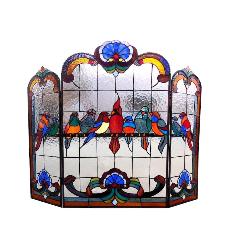 Tiffany-Style Gathering Bird Design 3-panel Fireplace Screen