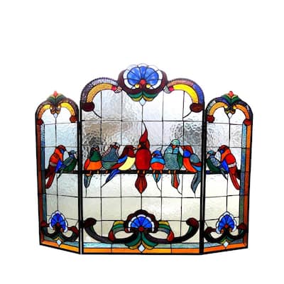 Tiffany-Style Gathering Bird Design 3-panel Fireplace Screen