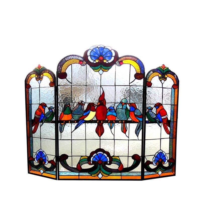 Tiffany-Style Gathering Bird Design 3-panel Fireplace Screen