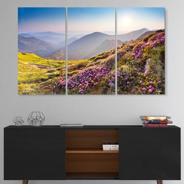 Designart Magic Pink Flowers On Mountains Landscape Photo Glossy Metal Wall Art Overstock 12697244