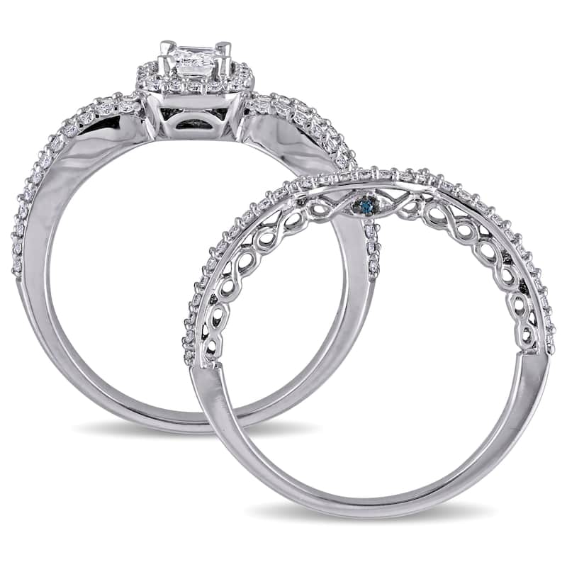 3/4ct TDW Blue and White Diamond Halo Split Shank Bridal Set in 14k White Gold by The Miadora Signature Collection