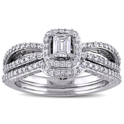 3/4ct TDW Blue and White Diamond Halo Split Shank Bridal Set in 14k White Gold by The Miadora Signature Collection