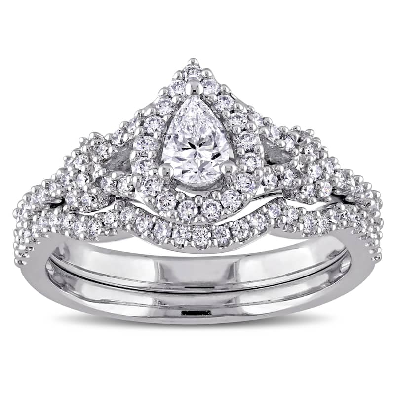 Miadora 7/8ct TDW Pear and Round-Cut Diamond Halo Split Shank Bridal Ring Set in 14k White Goldado - 4.5