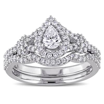 Miadora 7/8ct TDW Pear and Round-Cut Diamond Halo Split Shank Bridal Ring Set in 14k White Goldado