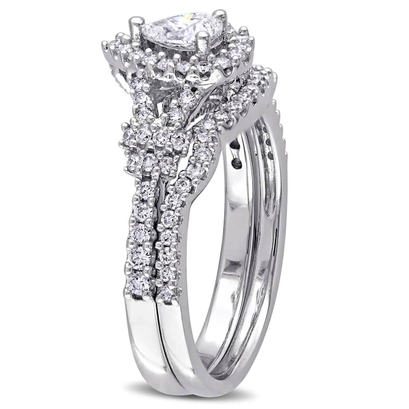 Miadora 7/8ct TDW Pear and Round-Cut Diamond Halo Split Shank Bridal Ring Set in 14k White Goldado