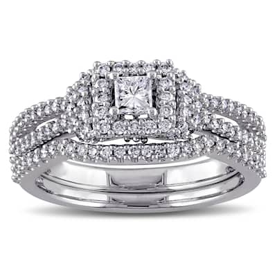 3/4ct TDW Princess and Round-Cut Halo Diamond Bridal Ring Set in 14k White Gold by The Miadora Signa