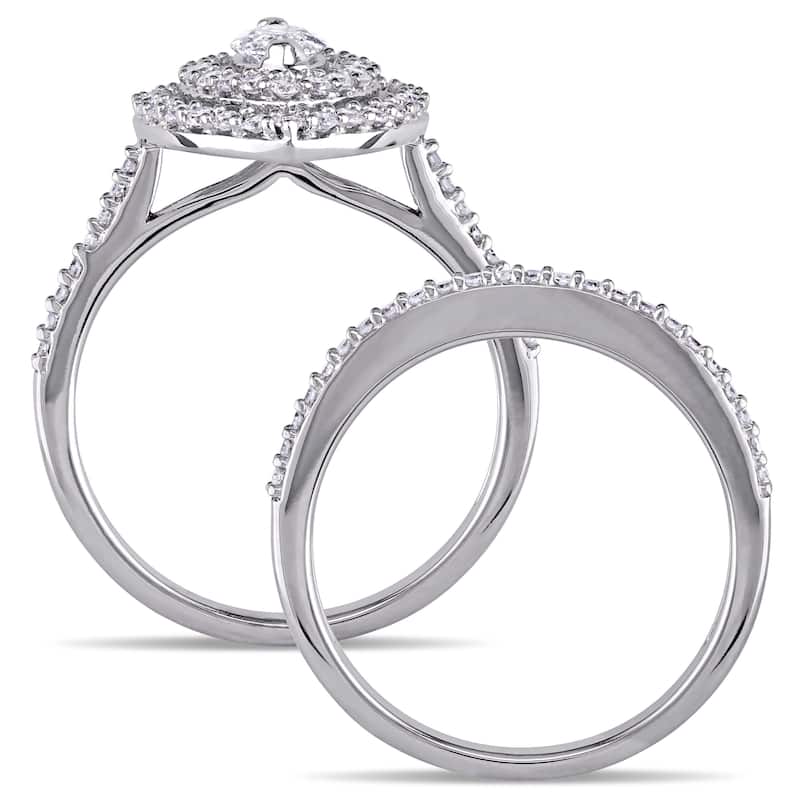 Miadora 1ct TDW Marquise-Cut Diamond Double Teardrop Halo Bridal Ring Set in 14k White Gold