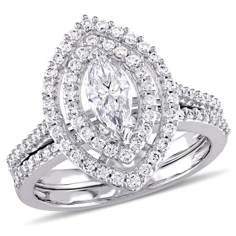 Miadora 1ct TDW Marquise-Cut Diamond Double Teardrop Halo Bridal Ring Set in 14k White Gold