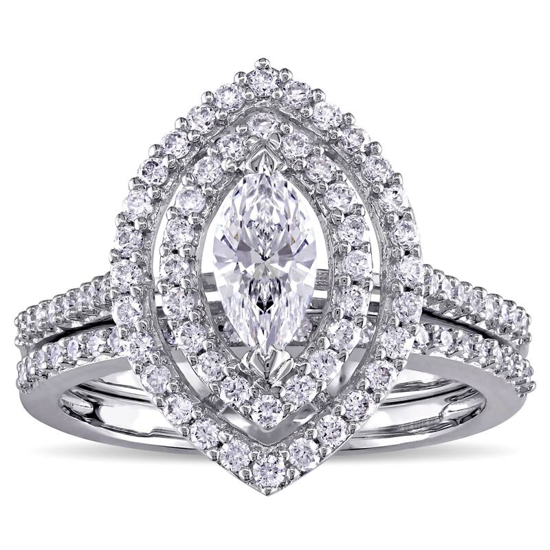 Miadora 1ct TDW Marquise-Cut Diamond Double Teardrop Halo Bridal Ring Set in 14k White Gold - 5.5