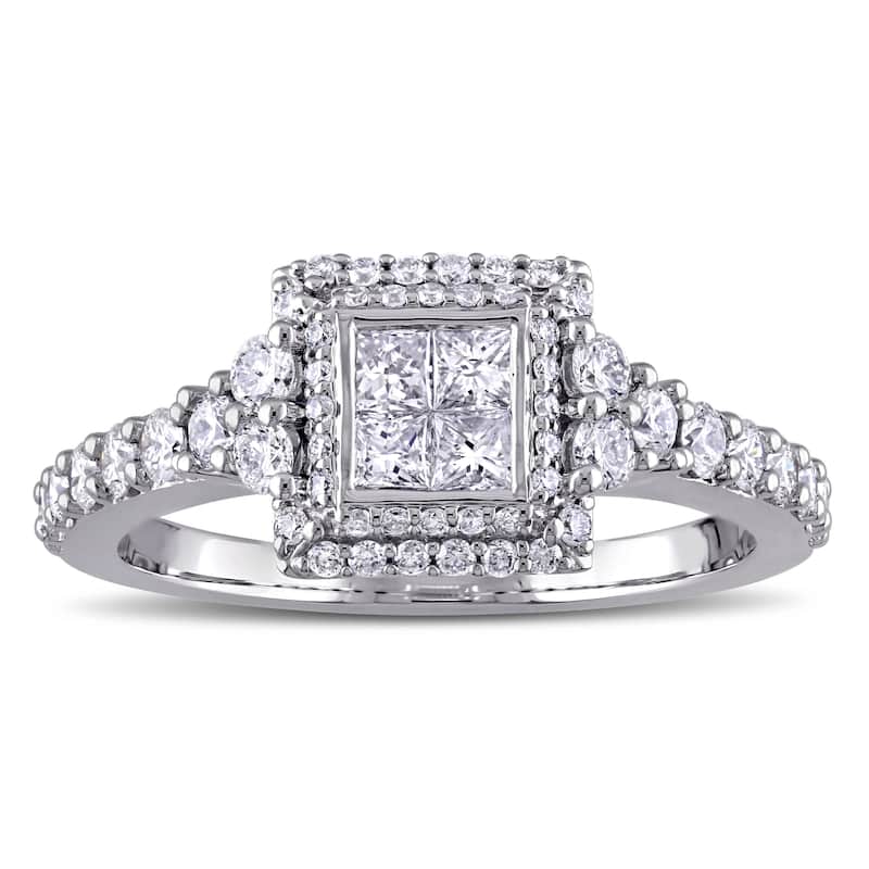 Miadora Signature Collection 14k White Gold 1ct TDW Princess and Round-cut Diamond Square Double Halo Engagement Ring - 4.5