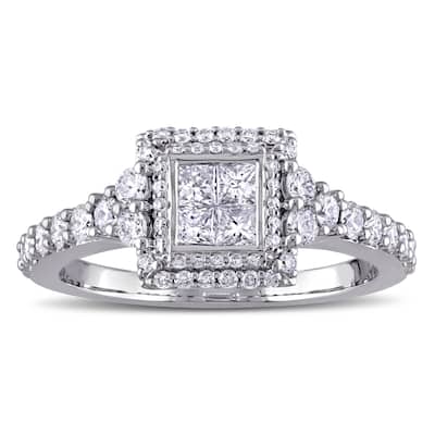 Miadora Signature Collection 14k White Gold 1ct TDW Princess and Round-cut Diamond Square Double Halo Engagement Ring