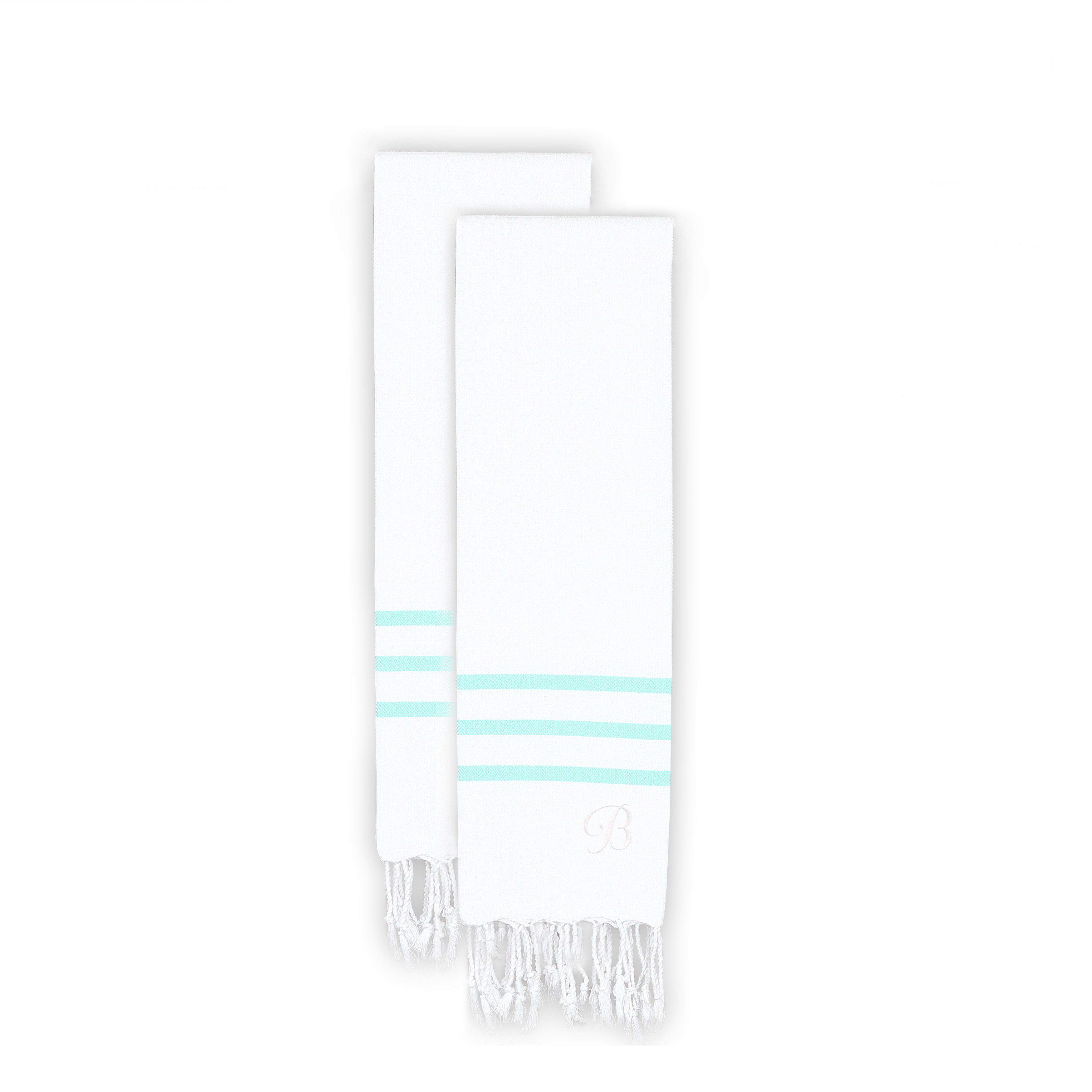 Authentic Ella White with Soft Aqua Stripes Monogrammed Pestemal Fouta Turkish Cotton Hand Towel (Set of 2)