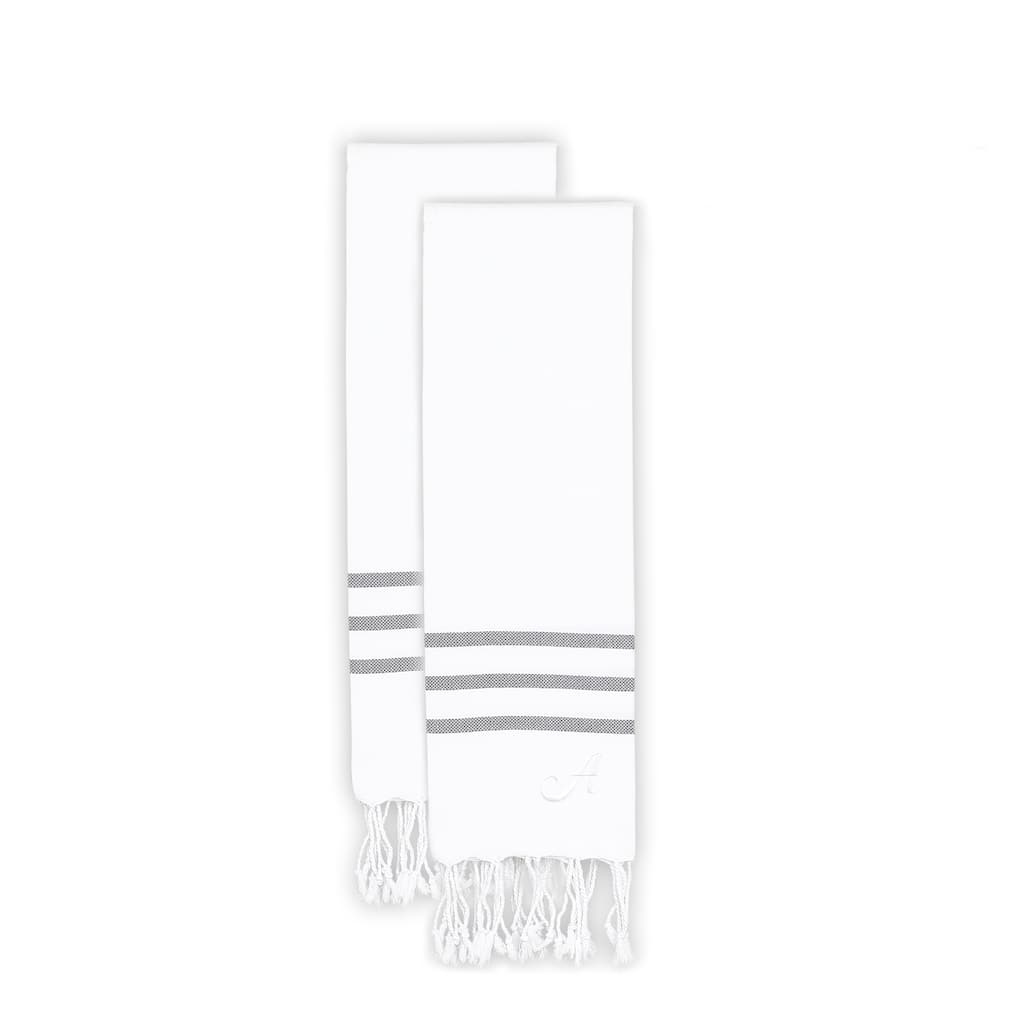 Authentic Ella White with Grey Stripes Monogrammed Pestemal Fouta Turkish Cotton Hand Towel (Set of 2)