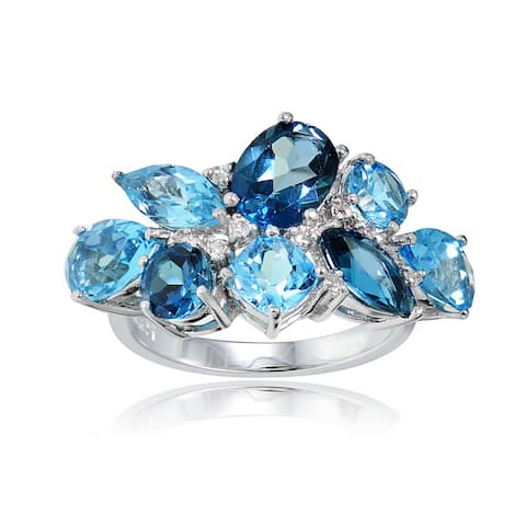 Glitzy Rocks Sterling Silver London Blue, Swiss Blue and White Topaz Cluster Ring