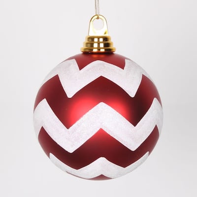 Red/White Plastic 4.75-inch Matte/Glitter Chevron Ball Ornaments (Pack of 3)