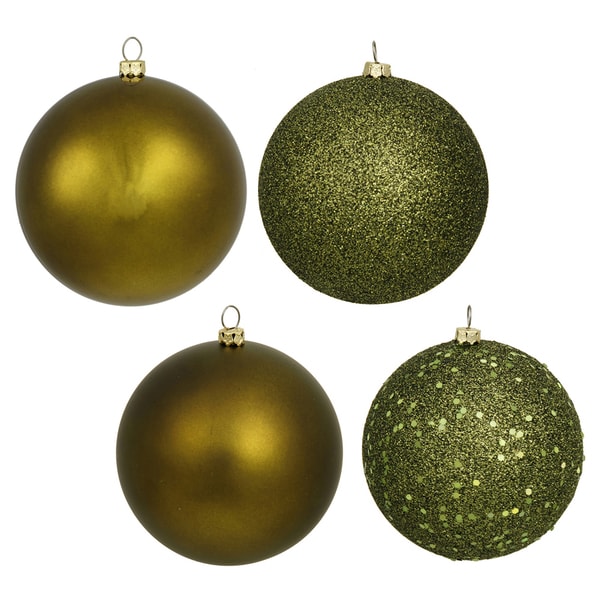 olive colored plastic 8 inch ball ornaments with assorted finishes