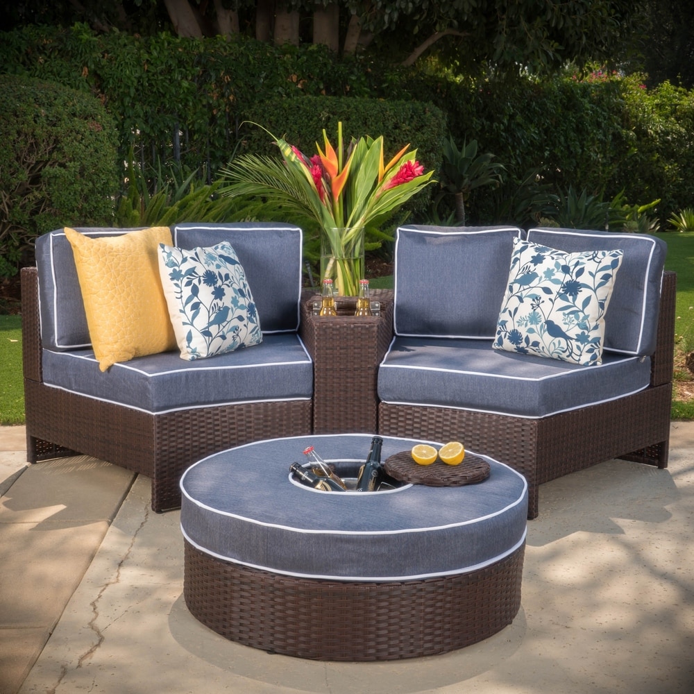 Madras Zanzibar Outdoor 4 Seater Wicker Curved Sectional Set with Ottoman by Christopher Knight Home