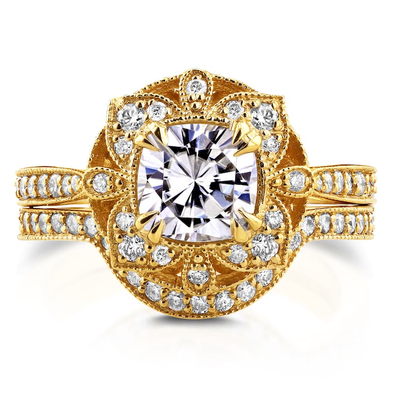 Annello by Kobelli 14k Yellow Gold Cushion Moissanite and 1/2ct TDW Diamond 2-Piece Floral Antique Bridal Set