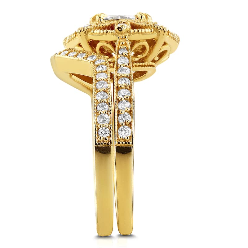 Annello by Kobelli 14k Yellow Gold Cushion Moissanite and 1/2ct TDW Diamond 2-Piece Floral Antique Bridal Set