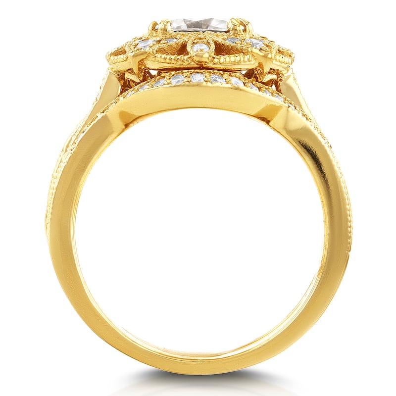 Annello by Kobelli 14k Yellow Gold Cushion Moissanite and 1/2ct TDW Diamond 2-Piece Floral Antique Bridal Set